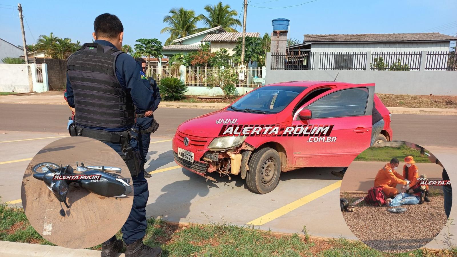 Mulher foi socorrida suspeita de fratura no braço após colisão