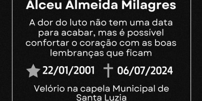 Nota de pesar pelo falecimento de Alceu Almeida Milagres, vítima de grave acidente, em Santa Luzia