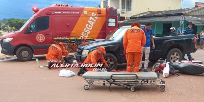 No segundo acidente de trânsito do dia, condutora de moto fraturou uma das pernas após ser atingida por caminhonete, em Rolim de Moura